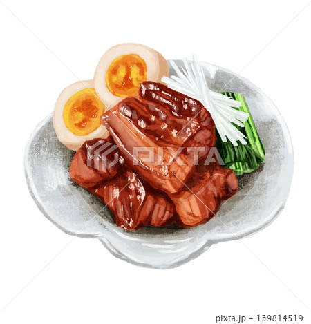 水彩で描いた皿に盛り付けられた角煮 水彩で描いた皿に盛り付けられた角煮 139814519