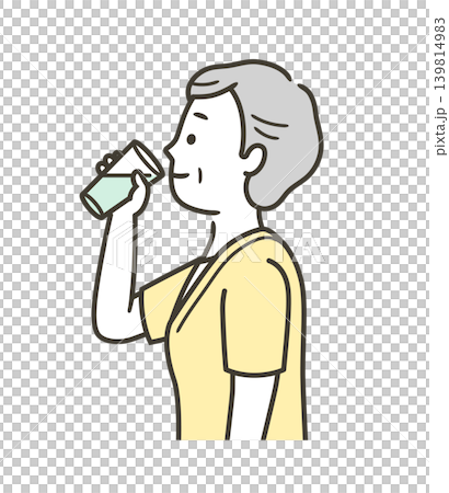 An illustration of the upper body of a senior woman drinking water from a glass. An illustration of the upper body of a senior woman drinking water from a glass. 139814983
