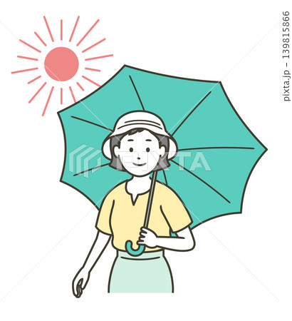 炎天下で熱中症予防のために日傘をさす若い女性の上半身イラスト 炎天下で熱中症予防のために日傘をさす若い女性の上半身イラスト 139815866