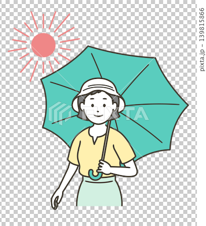 An illustration of the upper body of a young woman using a parasol to prevent heatstroke in the scorching sun. An illustration of the upper body of a young woman using a parasol to prevent heatstroke in the scorching sun. 139815866