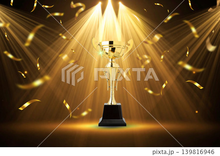 Trophy placed on a black base with golden lights shining above 139816946