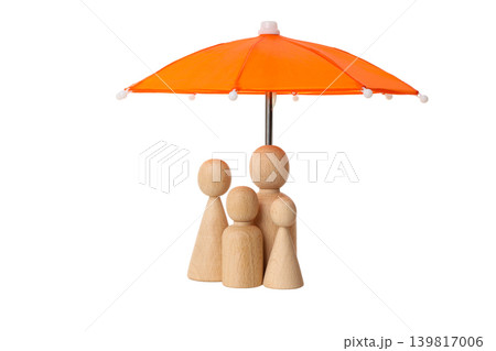 Wooden figures huddle beneath an orange umbrella, isolated, PNG Wooden figures huddle beneath an orange umbrella, isolated, PNG 139817006