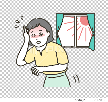 插圖描繪了一位年輕女子在夏季室內出現中暑和頭暈症狀的上半身。 插圖描繪了一位年輕女子在夏季室內出現中暑和頭暈症狀的上半身。 139817035