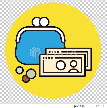 現金と財布のアイコン。がま口と紙幣と小銭のイラスト。 現金と財布のアイコン。がま口と紙幣と小銭のイラスト。 139817104
