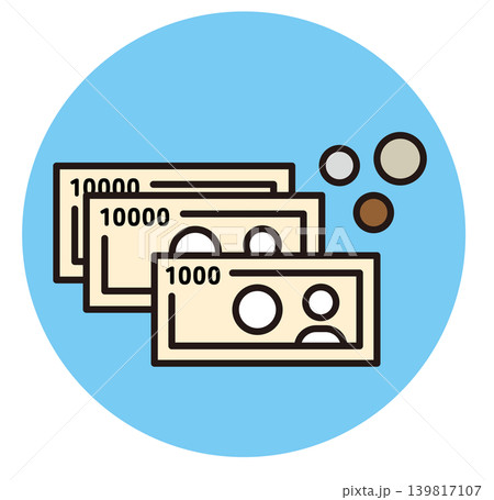 現金のアイコン。紙幣と小銭のイラスト。一万円札、千円札。 139817107