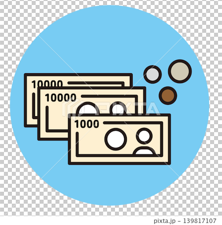 現金のアイコン。紙幣と小銭のイラスト。一万円札、千円札。 139817107