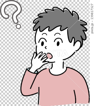 A simple illustration of a man with a surprised expression and a person with a question mark (question, realization, person, symbol). 139817327
