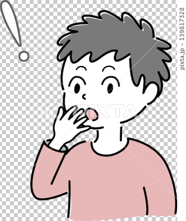 A simple illustration of a man with a surprised expression and an exclamation mark (discovery, realization, person). 139817328