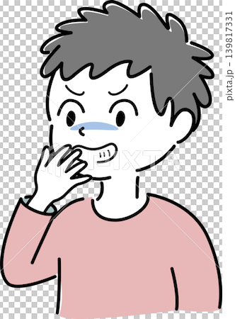 An illustration of a smiling man with his hand over his mouth, plotting something wicked. 139817331