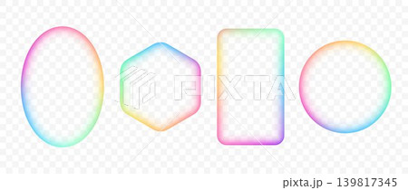Bright iridescent gradient frame set. Blurred vivid glowing border collection. Vibrant rainbow color rectangle, circle, hexagon and ellipse banner element pack. Colorful box template bundle. Vector 139817345
