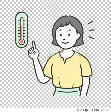 一位年輕女子用溫度計測量室溫的上半身插圖。 139817385