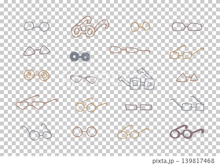 色々な形のメガネのゆるい手描きのイラストセット（アンティークな色合い） 139817468
