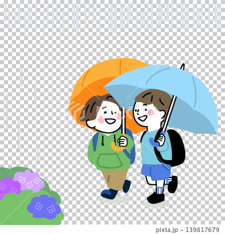 一幅向量插圖，描繪了幾個笑容燦爛的男孩在下雨天撐著傘聊天。 139817679