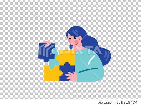 一位女商人正在拼拼圖的插圖。 一位女商人正在拼拼圖的插圖。 139818474