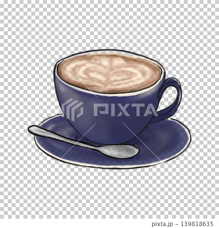 ハートのラテアートが描かれた、おしゃれな青いカップ＆ソーサーのコーヒーイラスト 139818635