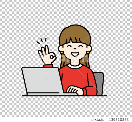 一位年輕女學生坐在筆記型電腦前,做出確認手勢,圖中描繪了她的上半身。 一位年輕女學生坐在筆記型電腦前,做出確認手勢,圖中描繪了她的上半身。 139818888