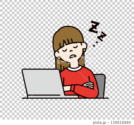 Vector illustration of the upper body of a young woman, university student, or high school student dozing off in front of a computer. Vector illustration of the upper body of a young woman, university student, or high school student dozing off in front of a computer. 139818889