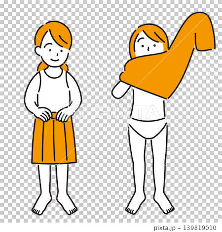 Illustration of a girl getting dressed by herself (full body) Illustration of a girl getting dressed by herself (full body) 139819010