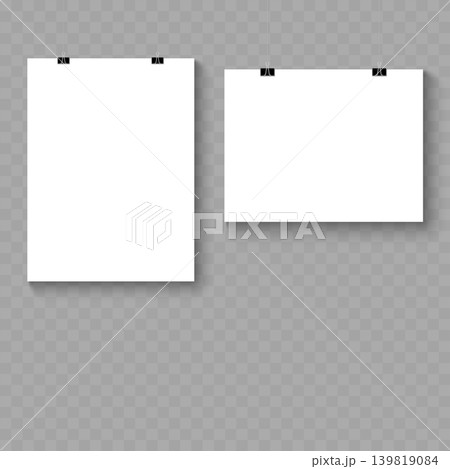 Realistic Hanging Vertical Poster Mockup Set. Vector Blank White Paper Templates with Binder Clips. Realistic Hanging Vertical Poster Mockup Set. Vector Blank White Paper Templates with Binder Clips. 139819084