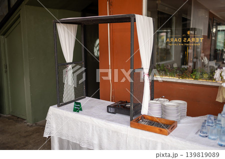 Luxury buffet table with food and beverage arrangement for wedding event Luxury buffet table with food and beverage arrangement for wedding event 139819089