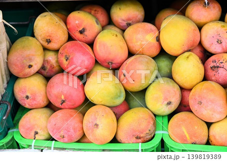 Fresh ripe colorful mango fruits piled inside green plastic crates for sale at traditional outdoor street market in Hoi An Vietnam 139819389