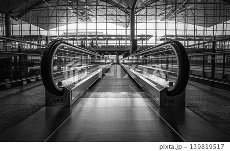Modern airport moving walkway in black and white, leading to a bright terminal Modern airport moving walkway in black and white, leading to a bright terminal 139819517