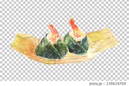 A watercolor illustration of tempura rice balls wrapped in bamboo leaves. A watercolor illustration of tempura rice balls wrapped in bamboo leaves. 139819709