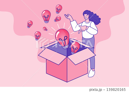 Creative thinking concept with woman opening a box of ideas. Light bulb inspiration banner for startup websites, innovation webinars, or brainstorming session posters. 139820165