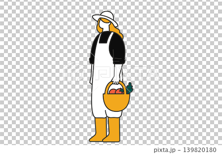 A woman wearing farming clothes and carrying a harvest basket full of vegetables. A woman wearing farming clothes and carrying a harvest basket full of vegetables. 139820180