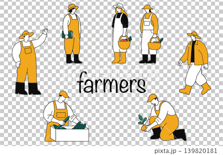 A set of illustrations of farmers performing various farming tasks and harvests. A set of illustrations of farmers performing various farming tasks and harvests. 139820181