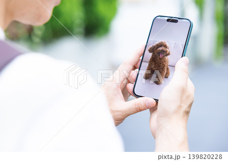 ペット 外出先でペットカメラに接続して愛犬の様子をチェックする飼い主の手元 ペット 外出先でペットカメラに接続して愛犬の様子をチェックする飼い主の手元 139820228