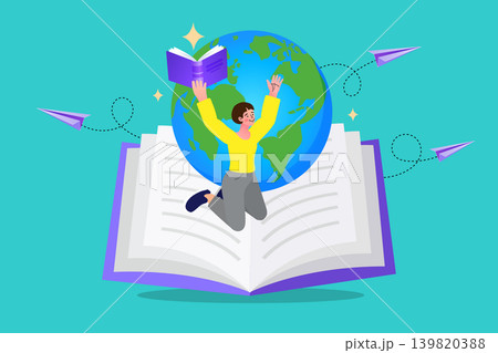 Global education concept with student jumping from open book. International learning and scholarship banner for university websites, academic exchange webinars, or online study abroad posters. 139820388