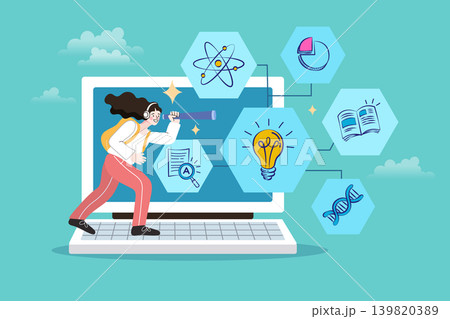 Digital learning discovery concept with woman and giant laptop. Online education exploration and STEAM knowledge banner for school websites, e-learning webinars, or academic research posters. 139820389