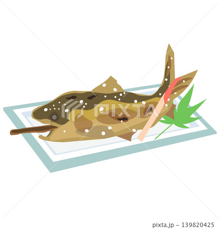 お皿に盛り付けられた串付きアユの塩焼きのイラスト 139820425