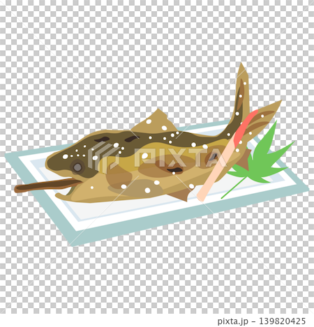 An illustration of salt-grilled sweetfish on a skewer, served on a plate. An illustration of salt-grilled sweetfish on a skewer, served on a plate. 139820425