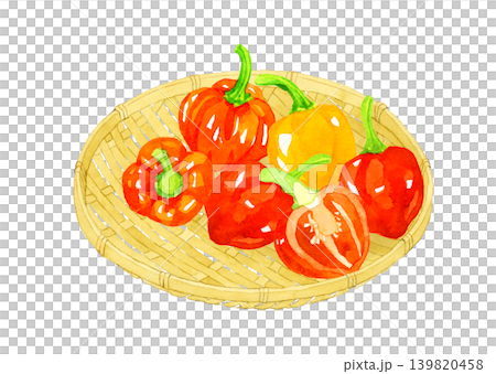 竹ざるに乗ったハバネロのセット　野菜の手描き水彩イラスト素材 139820458