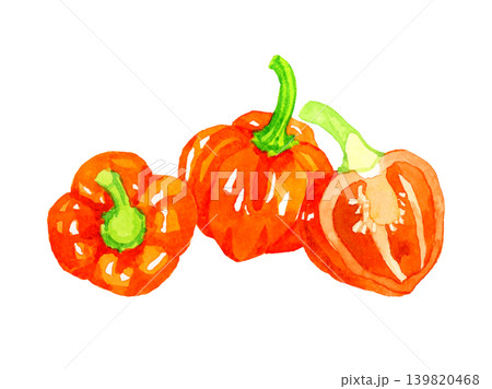 橙色（赤色）のハバネロのセット　野菜の手描き水彩イラスト素材 139820468