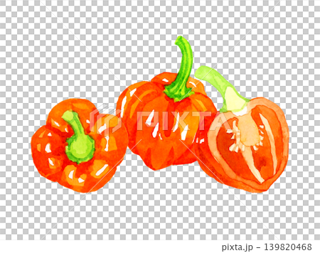 橙色（赤色）のハバネロのセット　野菜の手描き水彩イラスト素材 139820468