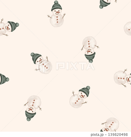 Seamless pattern with illustration snowman in the green hat. Hand drawing sketch on white isolated background. Repeat ornament with Snowman with dark red buttons for Christmas or New years design. Seamless pattern with illustration snowman in the green hat. Hand drawing sketch on white isolated background. Repeat ornament with Snowman with dark red buttons for Christmas or New years design. 139820498