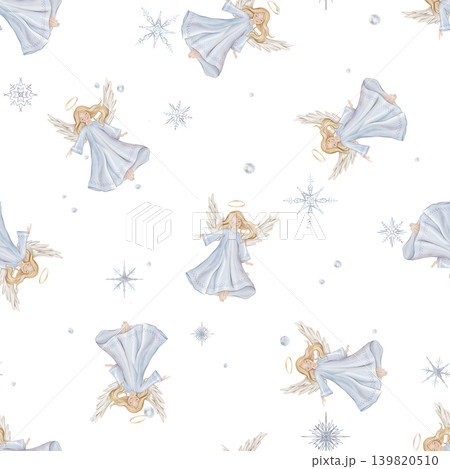 Seamless pattern with cute Christmas angel with light hair and blue dress in minimalist scandinavian style. Hand drawn illustration repeat ornament with snowflakes children's design. Seamless pattern with cute Christmas angel with light hair and blue dress in minimalist scandinavian style. Hand drawn illustration repeat ornament with snowflakes children's design. 139820510