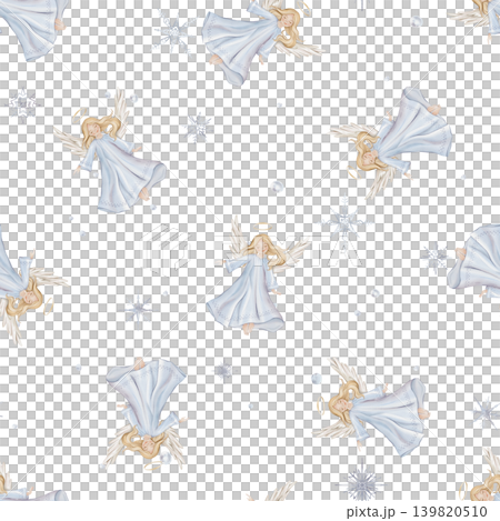 Seamless pattern with cute Christmas angel with light hair and blue dress in minimalist scandinavian style. Hand drawn illustration repeat ornament with snowflakes children's design. Seamless pattern with cute Christmas angel with light hair and blue dress in minimalist scandinavian style. Hand drawn illustration repeat ornament with snowflakes children's design. 139820510