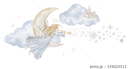 Christmas composition with angel trumpets and nimbus on moon. Watercolor illustration Christian Nativity angel with wings and stars and clouds, bird and snowflakes for religious baptism invitation. Christmas composition with angel trumpets and nimbus on moon. Watercolor illustration Christian Nativity angel with wings and stars and clouds, bird and snowflakes for religious baptism invitation. 139820511