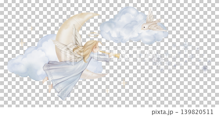 Christmas composition with angel trumpets and nimbus on moon. Watercolor illustration Christian Nativity angel with wings and stars and clouds, bird and snowflakes for religious baptism invitation. Christmas composition with angel trumpets and nimbus on moon. Watercolor illustration Christian Nativity angel with wings and stars and clouds, bird and snowflakes for religious baptism invitation. 139820511