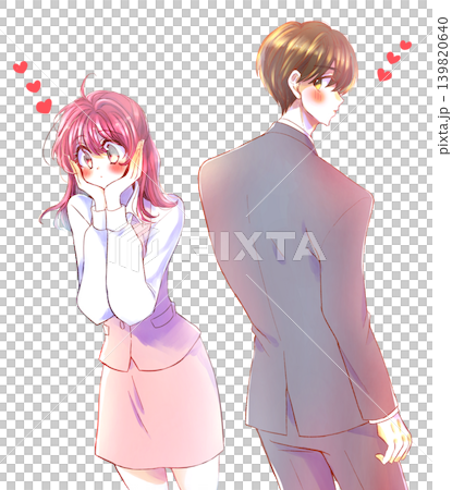 A man and woman in love, back to back, working at a company. A man and woman in love, back to back, working at a company. 139820640