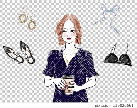 コーヒーを持つボブの女性と小物のセット コーヒーを持つボブの女性と小物のセット 139820661