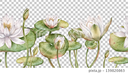 Seamless horizontal border or banner with watercolor white water lilies and green leaves. Hand-drawn illustration on white background. Elegant floral design for textiles, wrapping paper, or borders. Seamless horizontal border or banner with watercolor white water lilies and green leaves. Hand-drawn illustration on white background. Elegant floral design for textiles, wrapping paper, or borders. 139820863