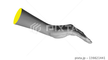 Black and white hand stretching forward gesture. Arm isolated with yellow cut edge accent. Minimal collage composition showing human gesture.. 139821441