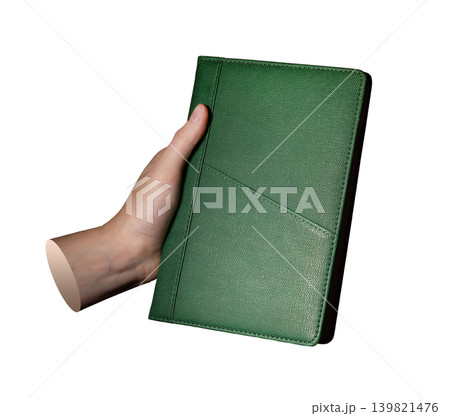 Hand holding green wallet notebook organizer. Leather accessory displayed in palm. Personal finance storage concept for documents cards and daily planning.. Hand holding green wallet notebook organizer. Leather accessory displayed in palm. Personal finance storage concept for documents cards and daily planning.. 139821476