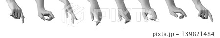 Hand performs finger click and touch gesture with index contacting thumb against neutral background. Digits create pressing motion forming interaction pose. Communication concept Hand performs finger click and touch gesture with index contacting thumb against neutral background. Digits create pressing motion forming interaction pose. Communication concept 139821484