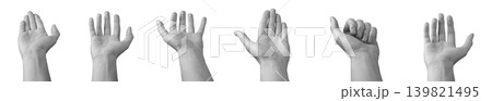 Hand rotates from open palm to closed fist gesture sequence against neutral background. Upright limb shows progressive finger movement forming clenched pose. Communication concept Hand rotates from open palm to closed fist gesture sequence against neutral background. Upright limb shows progressive finger movement forming clenched pose. Communication concept 139821495